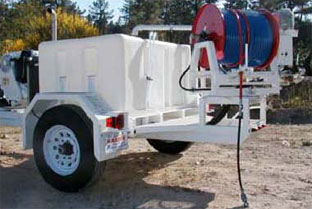 Optional 180 degree pivoting hose reel for Harben Model E trailer jetters